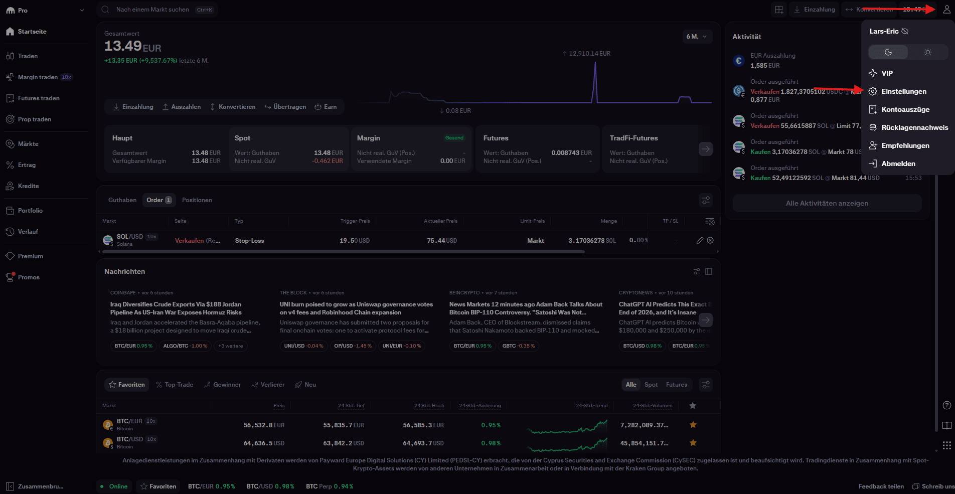 Kraken Futures Einstellungen öffnen