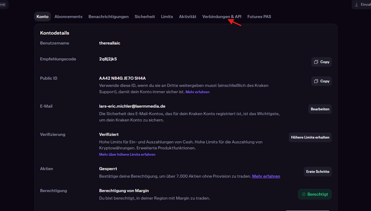 Verbindungen & API Tab öffnen